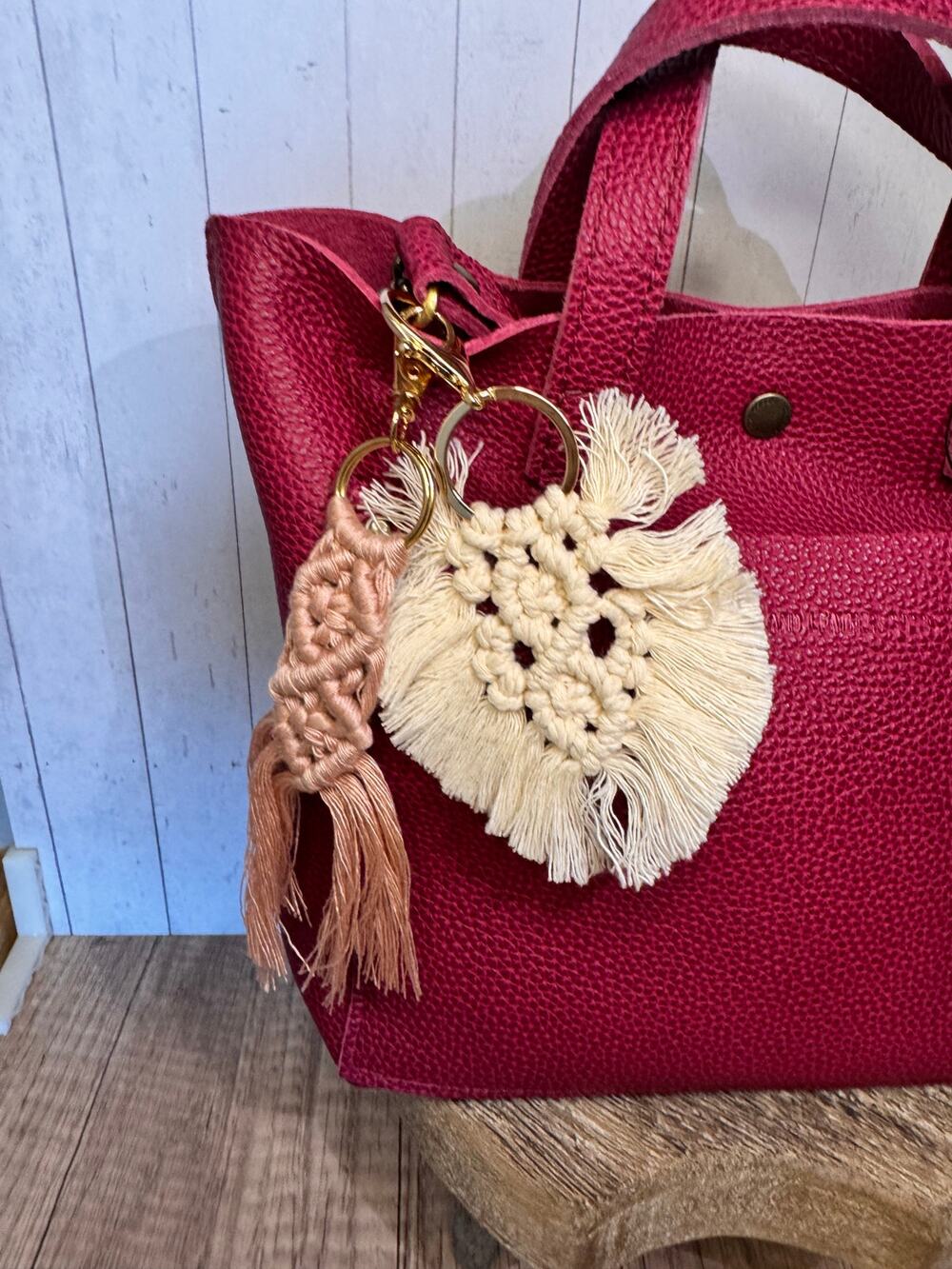 Macrame Charm Bundle Keychains Set of 2 White Feather Keychain Pink Macrame